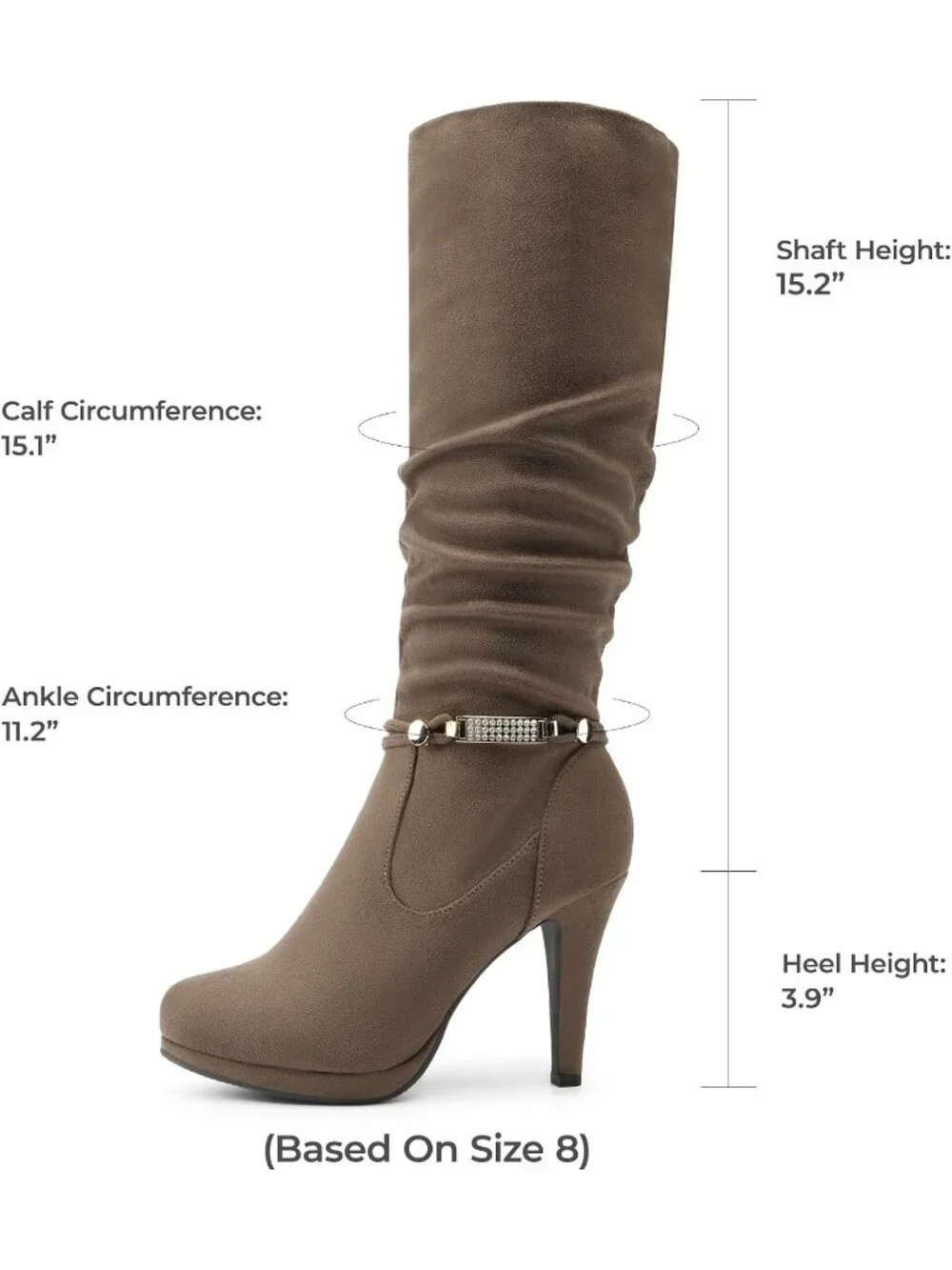 Women's Natural Stiletto Heel Rhinestone Chain Side Zipper Knee High Boots